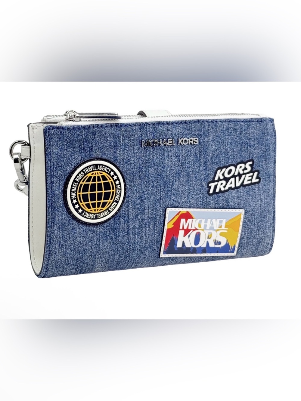 Michael Kors Denim Patch Travel Wristlet in Blue with White Trim